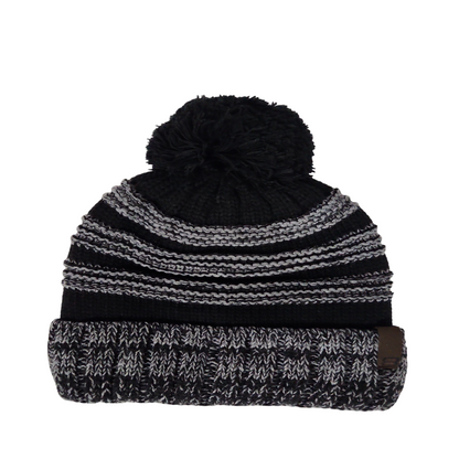 Black and gray knit winter hat with pom-pom and textured design.