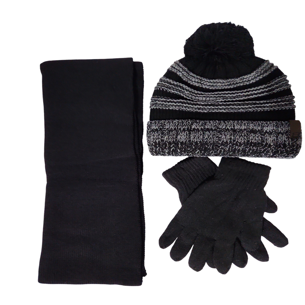 Back and Gray 3-piece winter accessory set featuring a knit pom-pom hat, black scarf, and black, and black gloves.