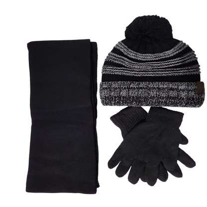 Back and Gray 3-piece winter accessory set featuring a knit pom-pom hat, black scarf, and black, and black gloves.