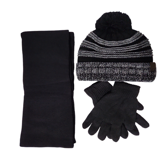 Back and Gray 3-piece winter accessory set featuring a knit pom-pom hat, black scarf, and black, and black gloves.