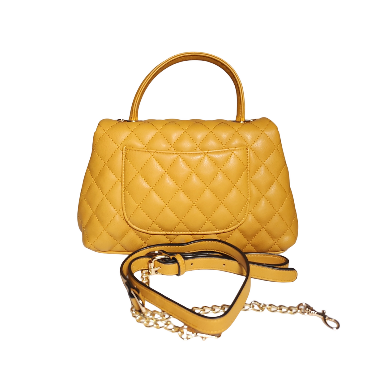 Back view of mustard yellow quilted mini satchel handbag featuring diamond stitching, exterior pocket, and structured top handle
