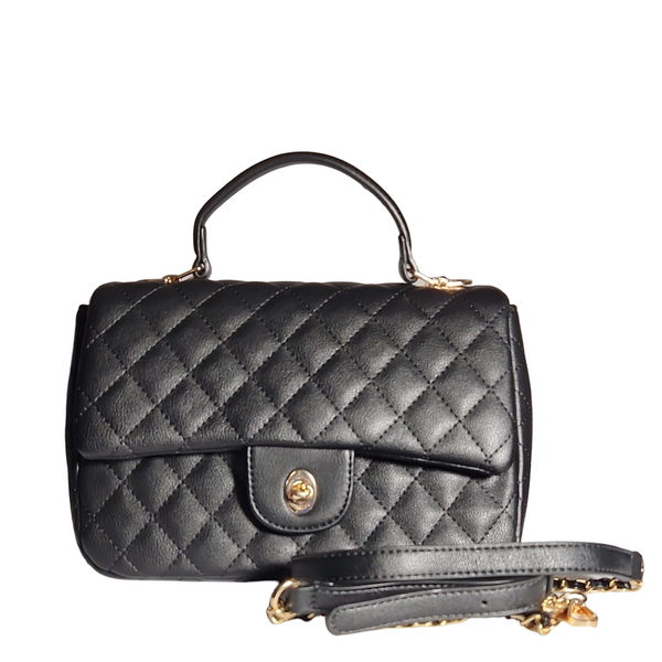 Black quilt with satchel handbag with structured top handle, gold-tone hardware, and detachable shoulder strap.