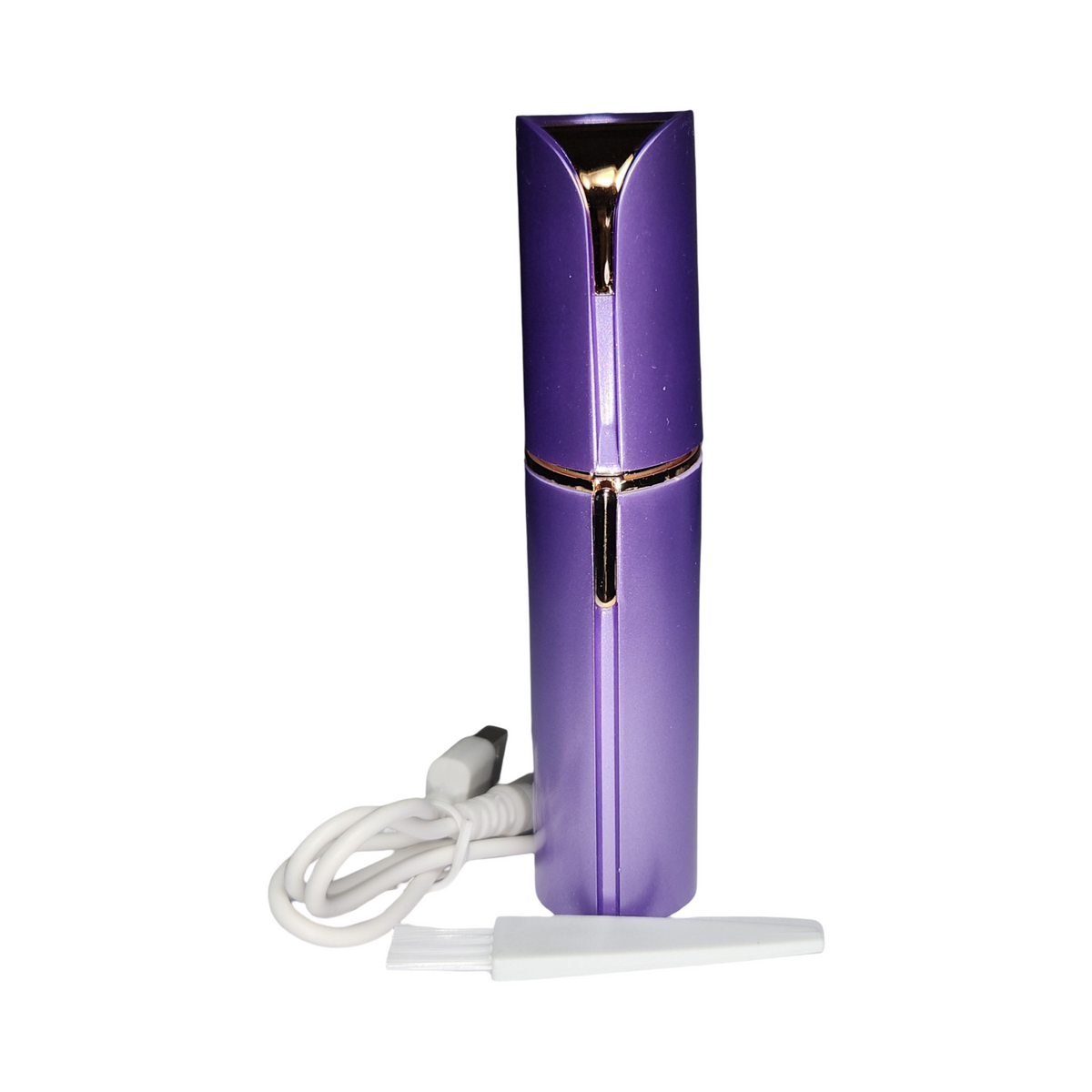 Purple rechargeable facial hair remover with protective cap and USB charging cable on a white background.