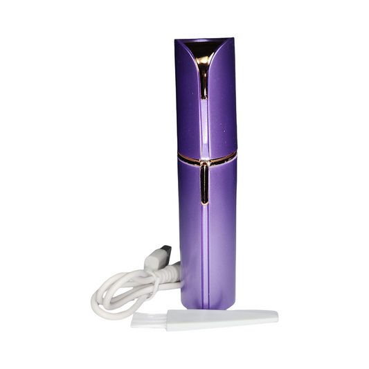 Purple rechargeable facial hair remover with protective cap and USB charging cable on a white background.