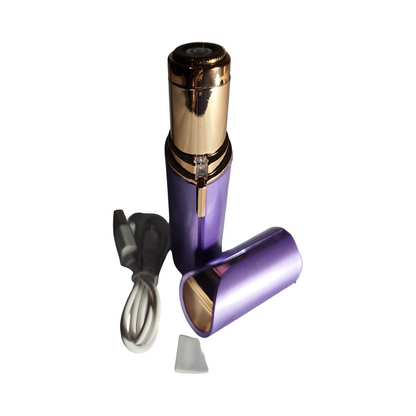 Open purple rechargeable facial remover with USB charging cable, protective cap, and cleaning brush on a white background.