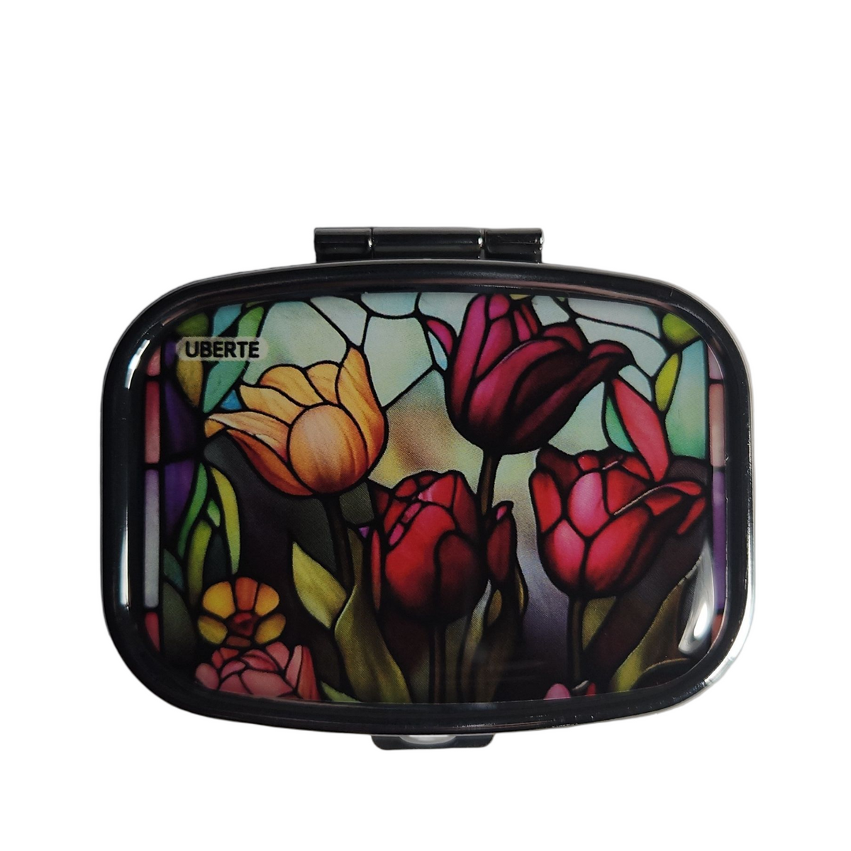 Tulips decorative pill organizer featuring a colorful butterfly design with built-in mirror and two compartments.