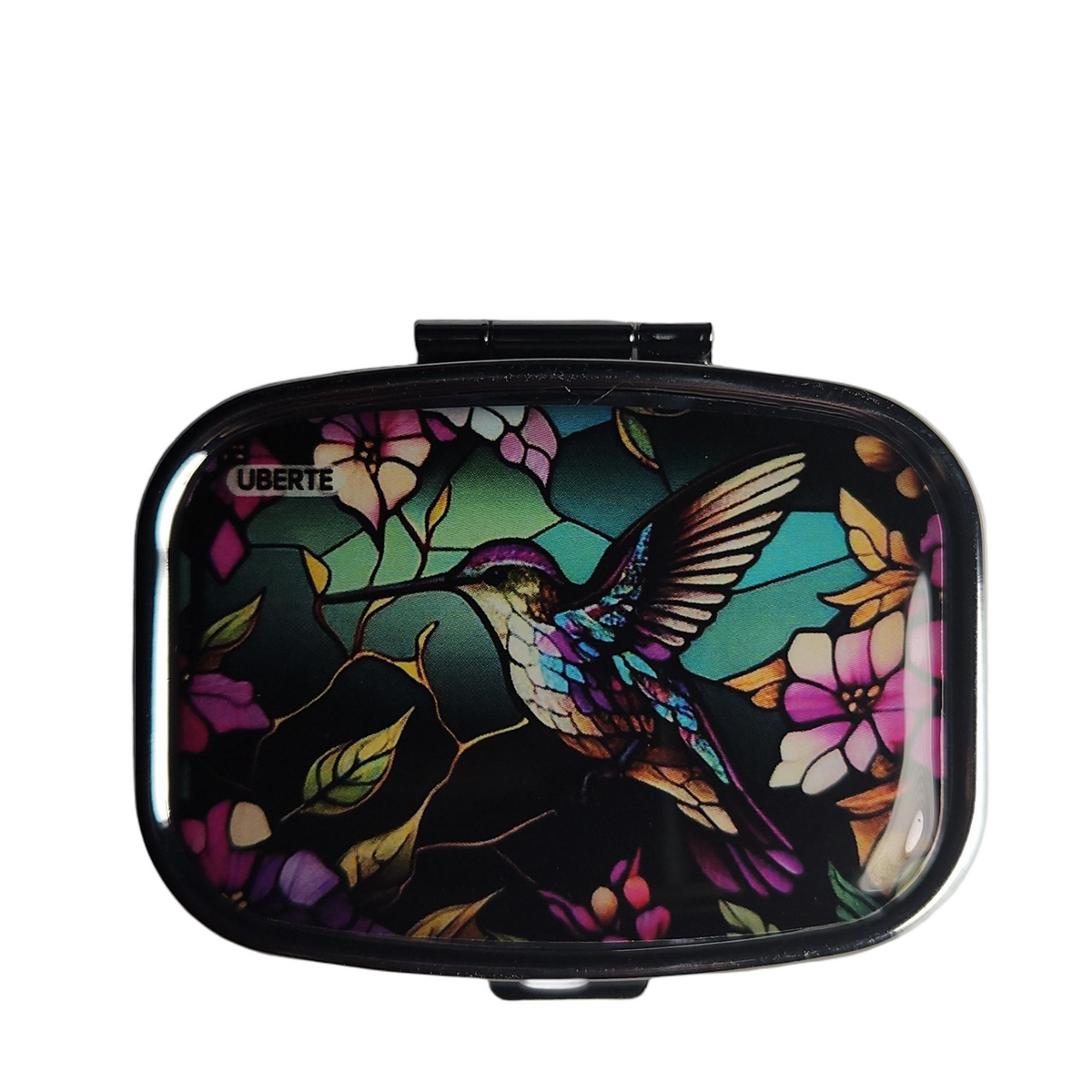 Hummingbird decorative pill organizer featuring a colorful butterfly design with built-in mirror and two compartments.