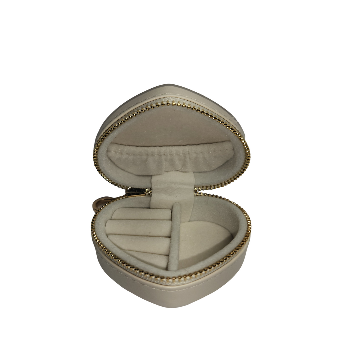 Open cream heart-shaped jewelry organizer showing empty ring holders, center divider, and interior pocket.