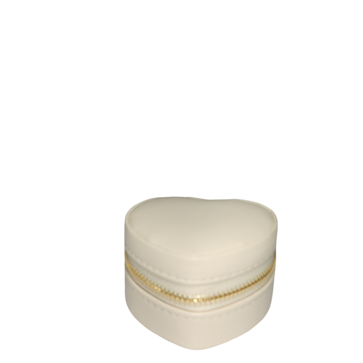 Closed cream heart-shaped Mini jewelry organizer with zippered closure.