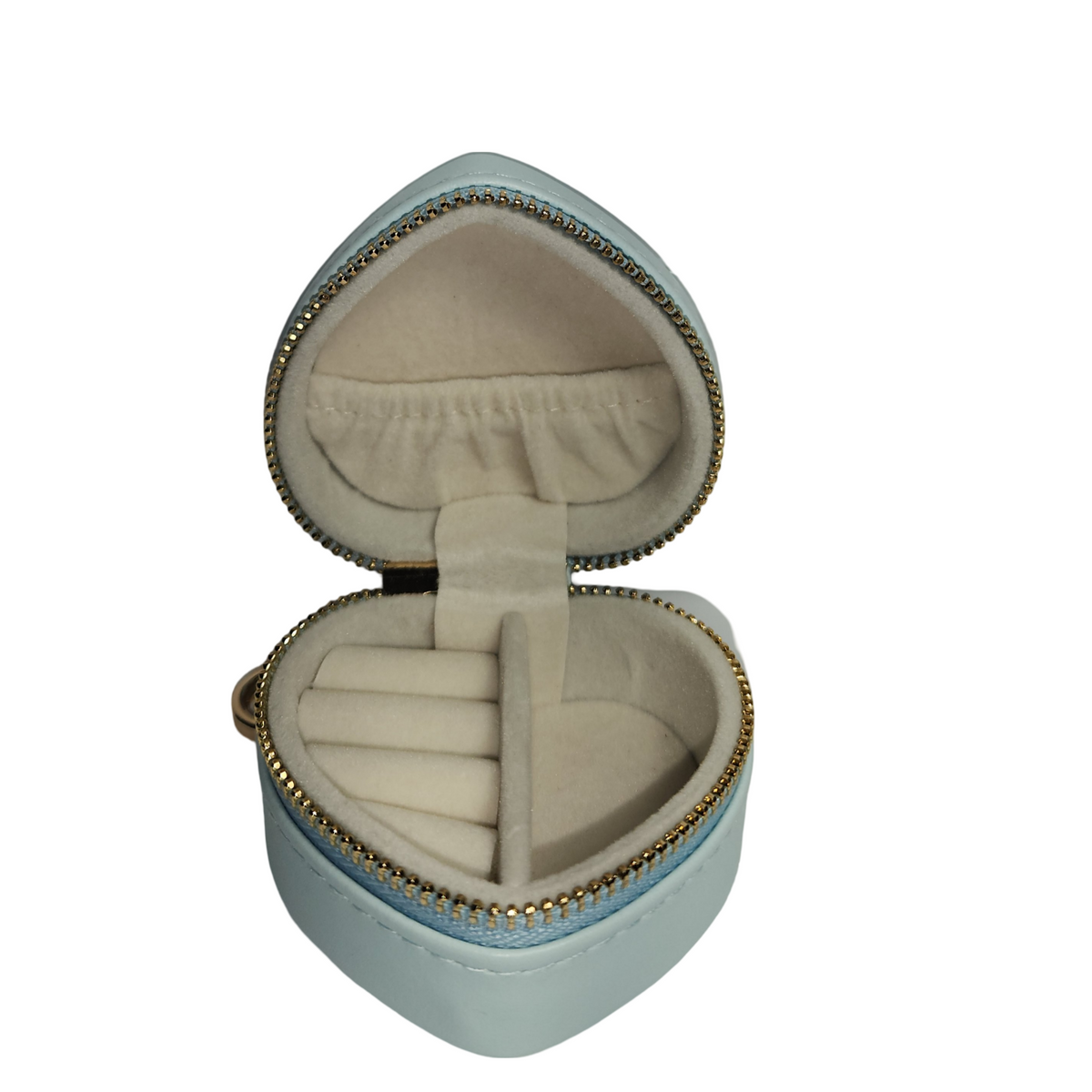 Open light blue heart-shaped jewelry organizer showing empty ring holders, center divider, and interior pocket.