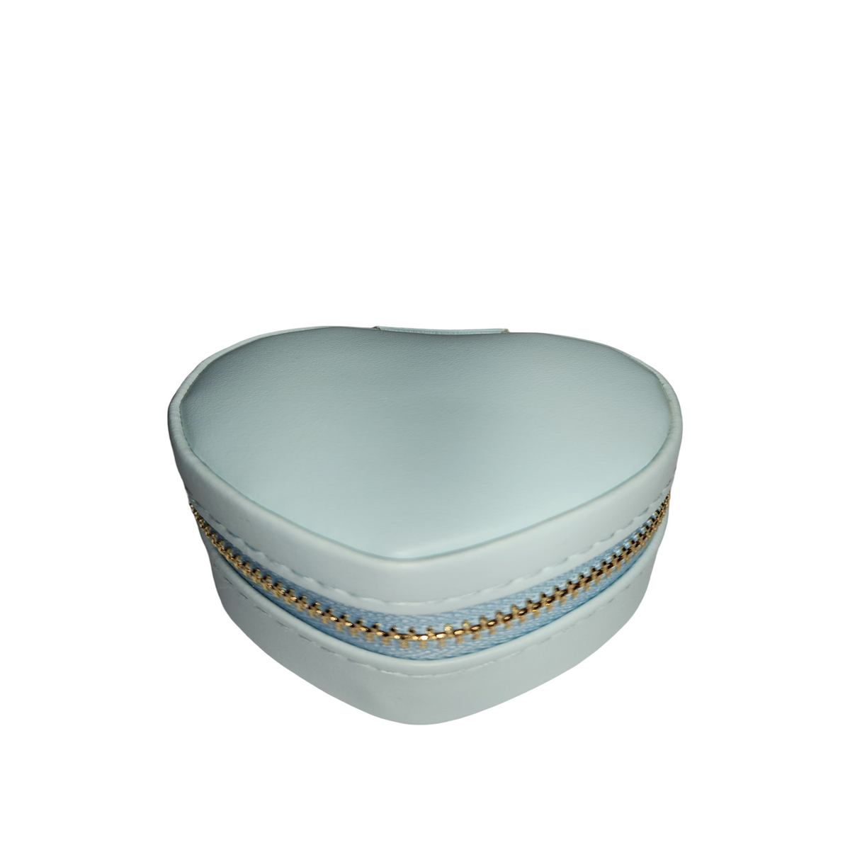 A heart-shaped light blue jewelry box with a gold zipper keychain.