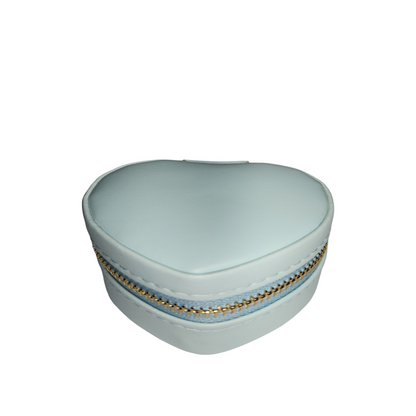A heart-shaped light blue jewelry box with a gold zipper keychain.