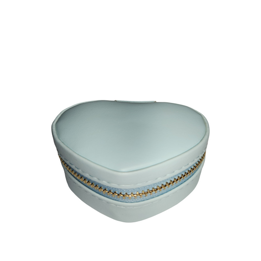 A heart-shaped light blue jewelry box with a gold zipper keychain.