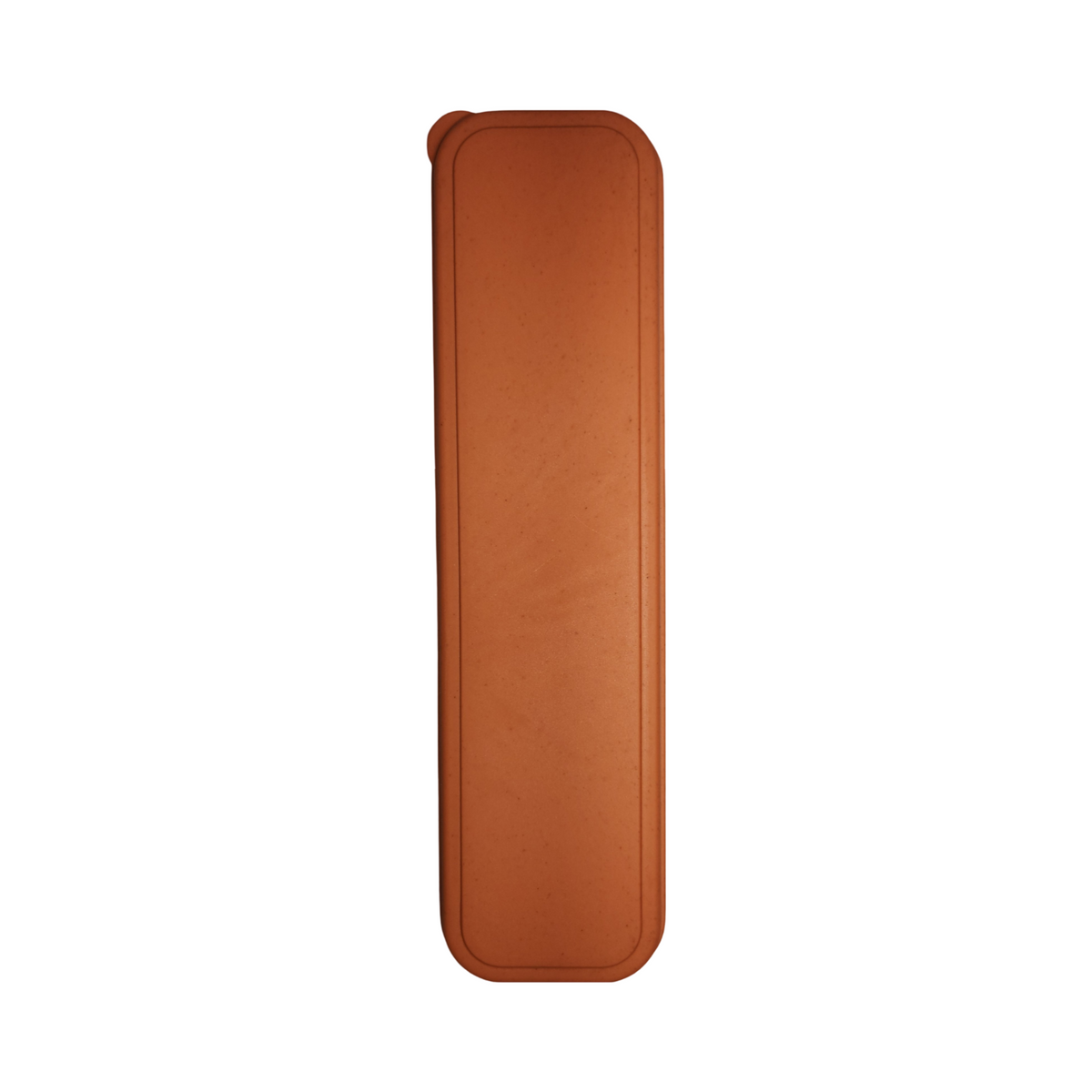 Closed orange storage case for reusable travel utensil set on a white background.