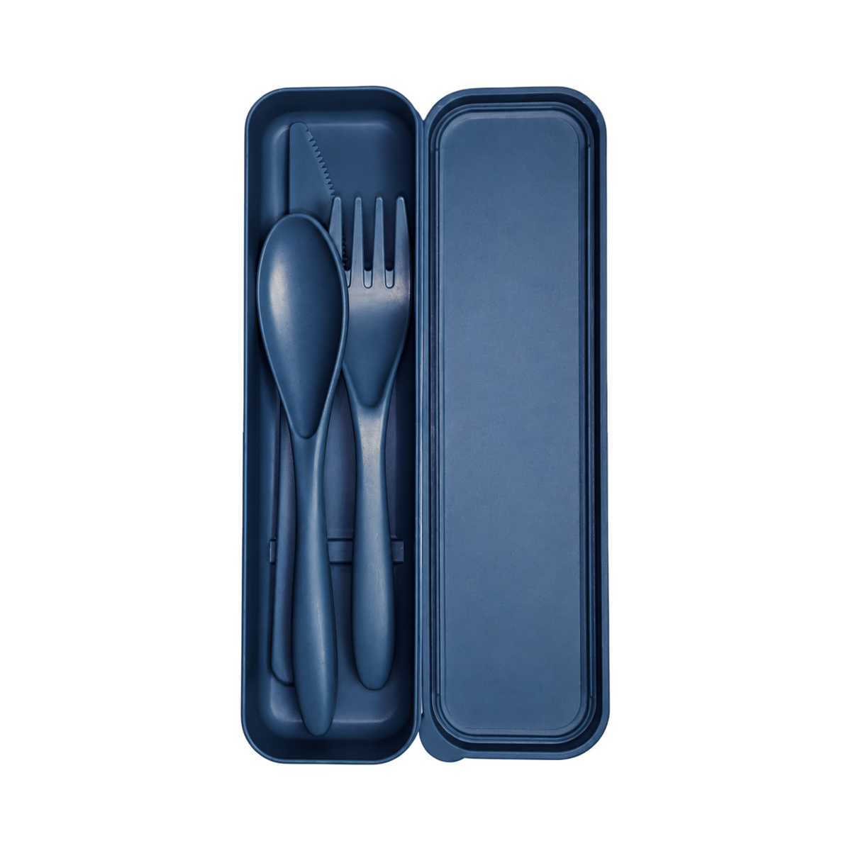 Blue reusable travel utensil set with fork, spoon, and knife displayed in an open storage case on a white background.