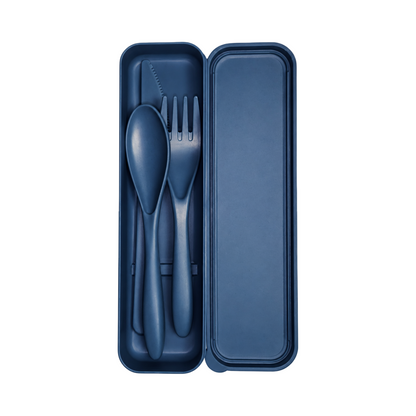 Blue reusable travel utensil set with fork, spoon, and knife displayed in an open storage case on a white background.