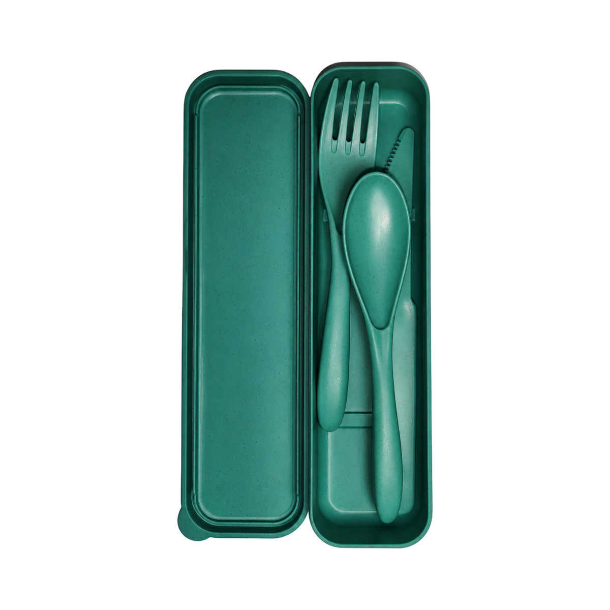 Teal reusable set with fork, spoon, and knife displayed in an open storage case on a white background.