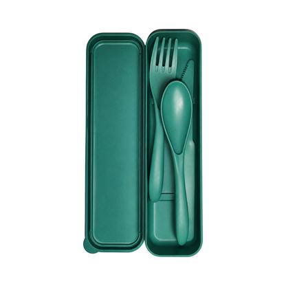 Teal reusable set with fork, spoon, and knife displayed in an open storage case on a white background.