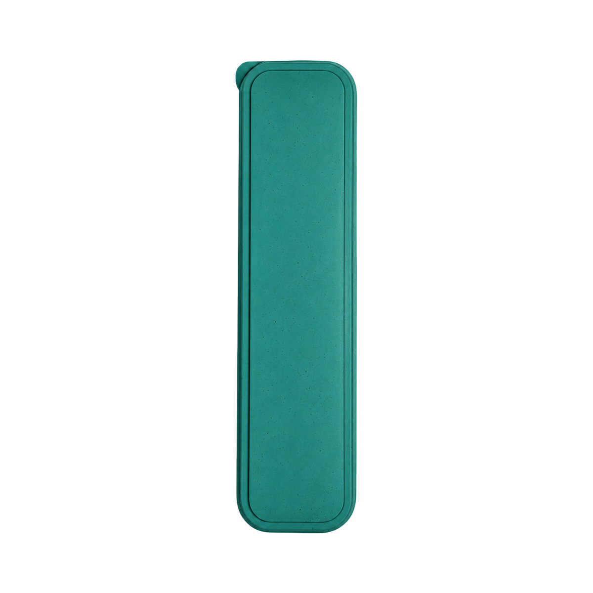 Closed teal storage case for reusable travel utensil set on a white background.