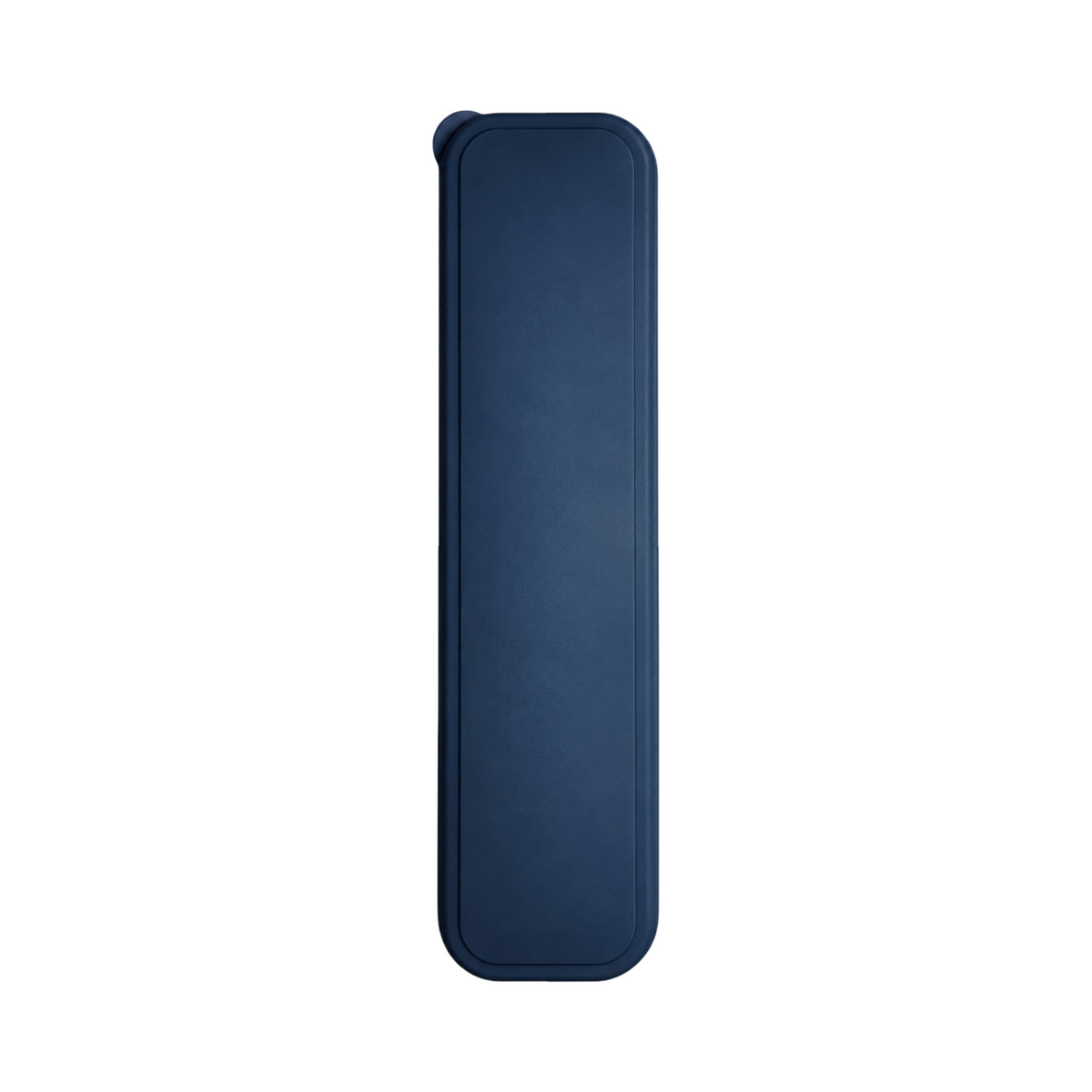 Closed blue storage case for reusable travel utensil set on a white background.