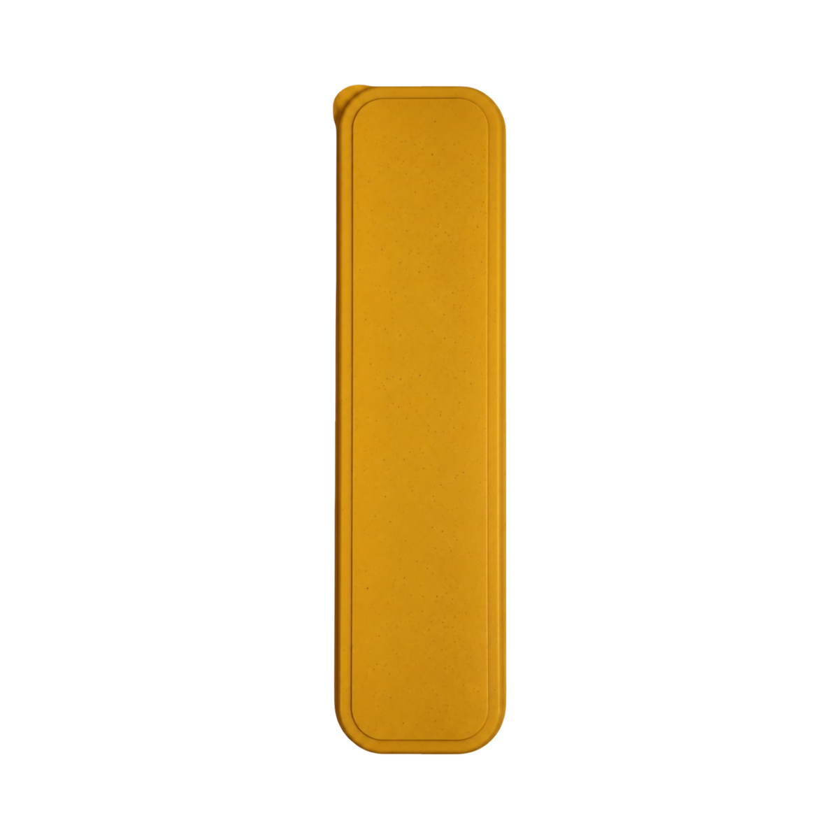 Closed mustard yellow storage case for reusable travel utensil set on a white background.