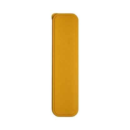 Closed mustard yellow storage case for reusable travel utensil set on a white background.