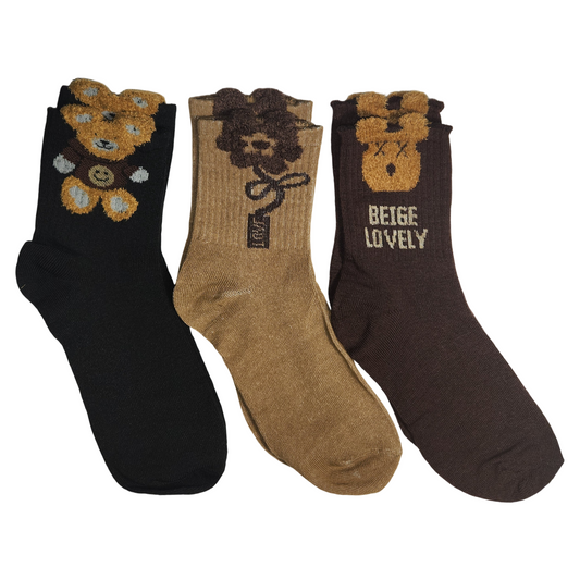 Three pairs of teddy bear crew socks in back, tan, and dark brown with textured teddy bear designs on a white background.