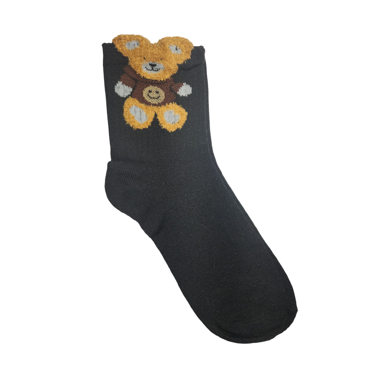 Black crew sock featuring a textured brown teddy bear design on a white background.