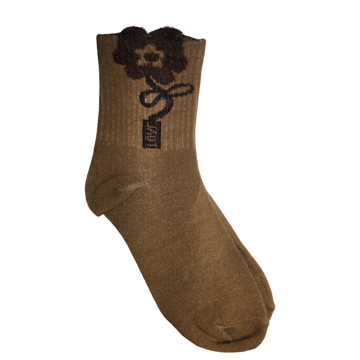 Tan crew sock featuring a textured dark brown flower design with a bow and stem on a white background.