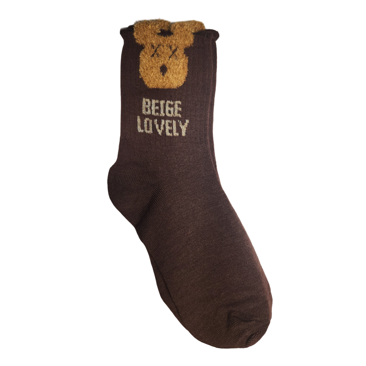 Dark brown crew sock featuring a textured tan bear design and BEIGE LOVELY lettering on a white background.