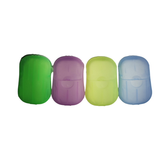 Portable hand soap sheets travel cases in assorted colors, including green, purple, yellow, and blue, displayed on a white background.