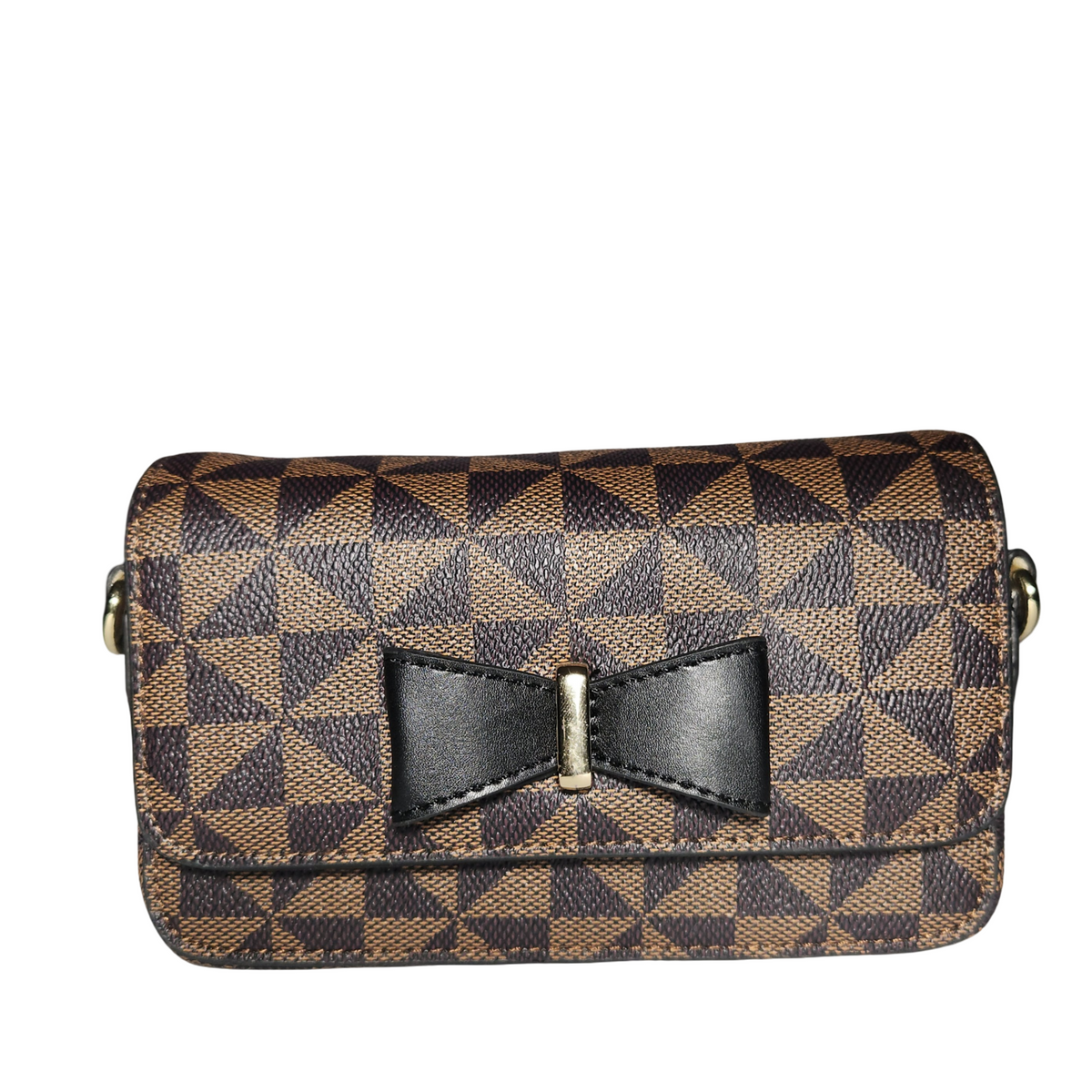 Front view of brown and black geometric patterned mini crossbody bag featuring a black bow accent, flap closure, flap closure, and gold-tone side hardware.