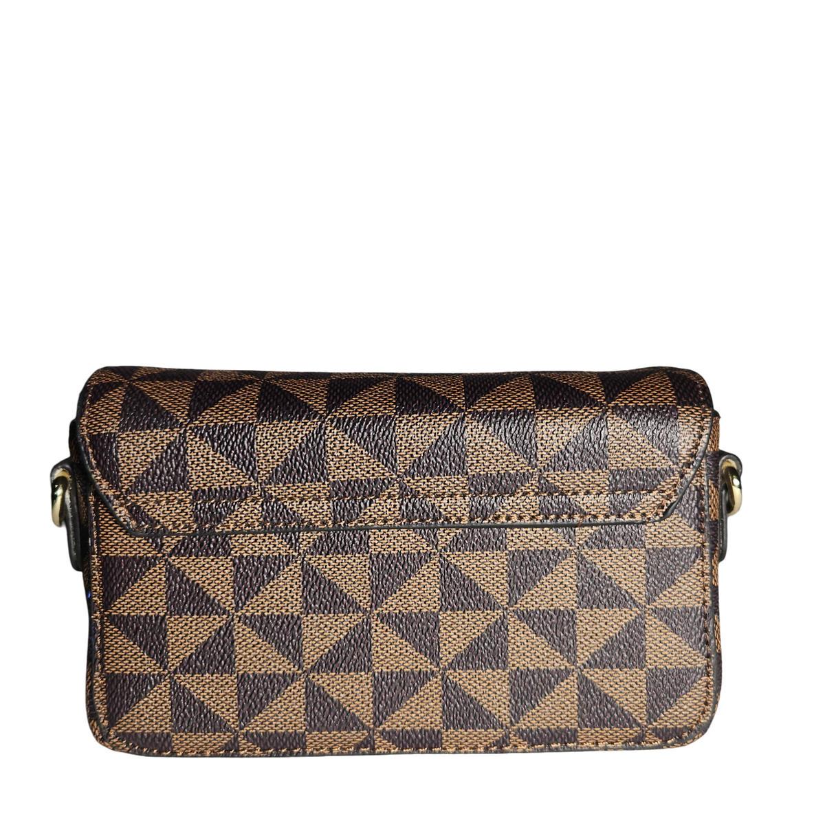 Back view of brown and black geometric patterned mini crossbody bag showing the matching patterned flap and gold-tone side hardware.