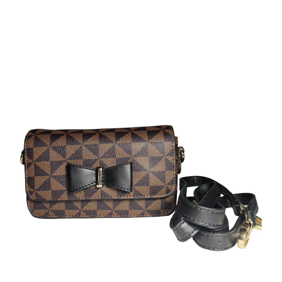 Brown and black geometric pattern mini crossbody bag with black bow, gold-tone hardware, and detachable black shoulder strap.