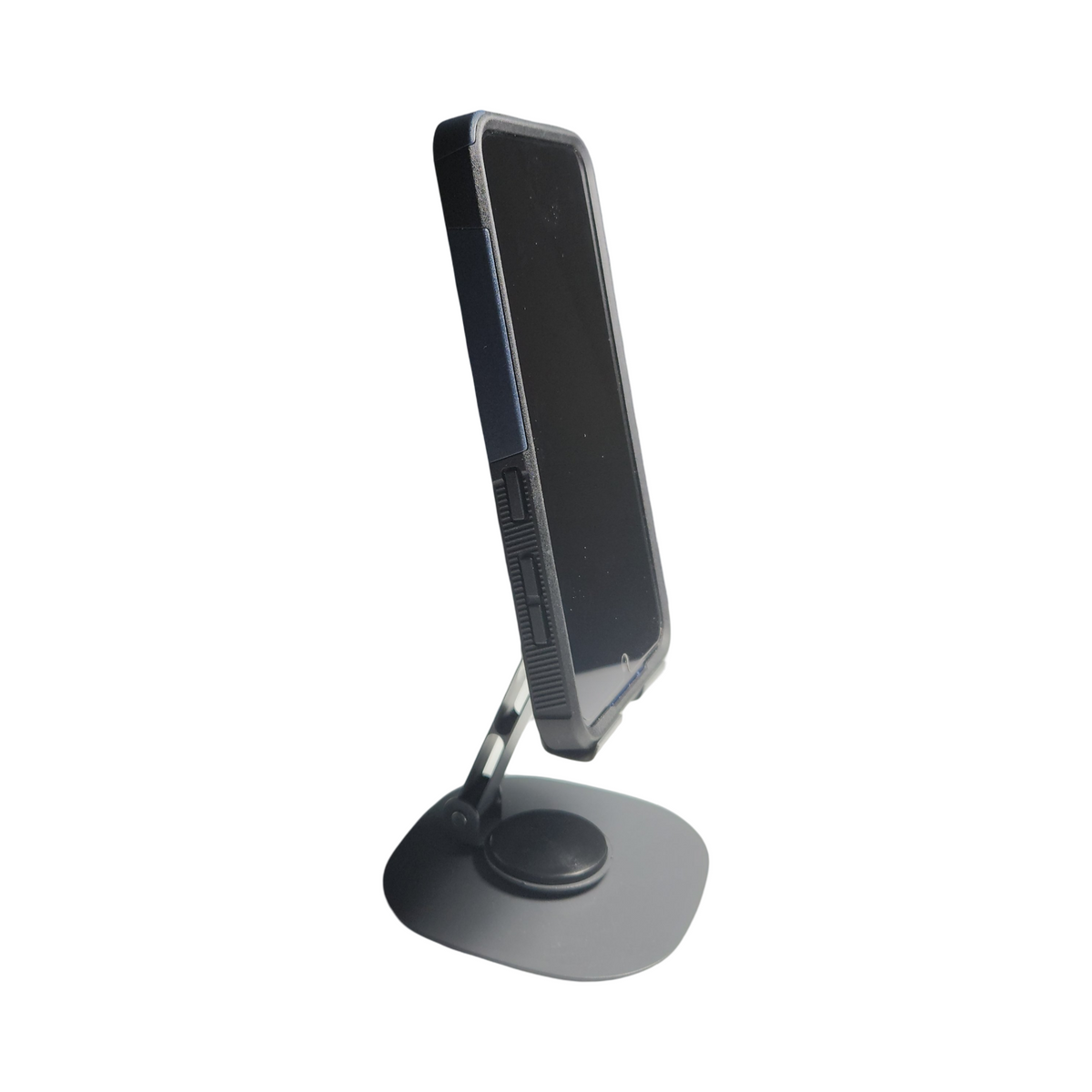 Gray adjustable folding phone stand holding a smartphone, side view showing the angled support and rotating base.