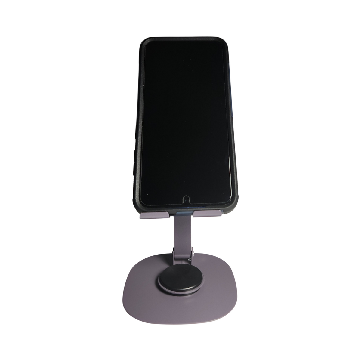 Purple adjustable folding phone stand holding a smartphone vertically, front view with rotating base on a white background.
