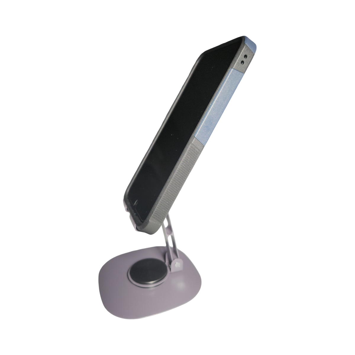 Purple adjustable folding phone stand holding a smartphone at an angled viewing position, side view showing the rotating base.