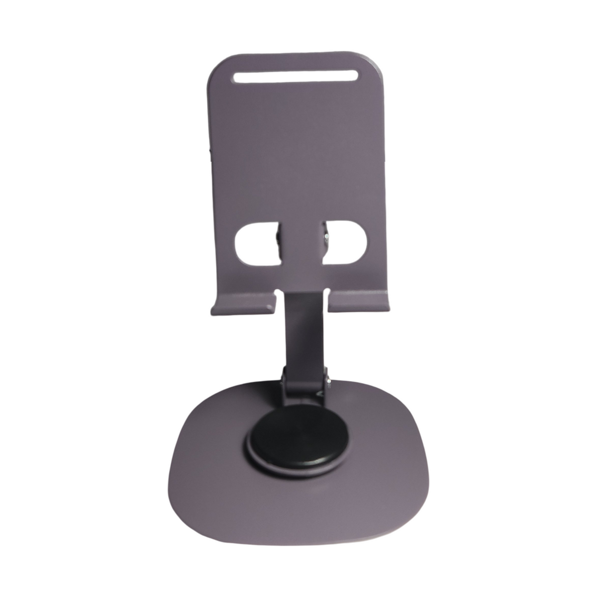 Purple adjustable folding aluminum phone stand with upright phone holder and rotating base on a white background.