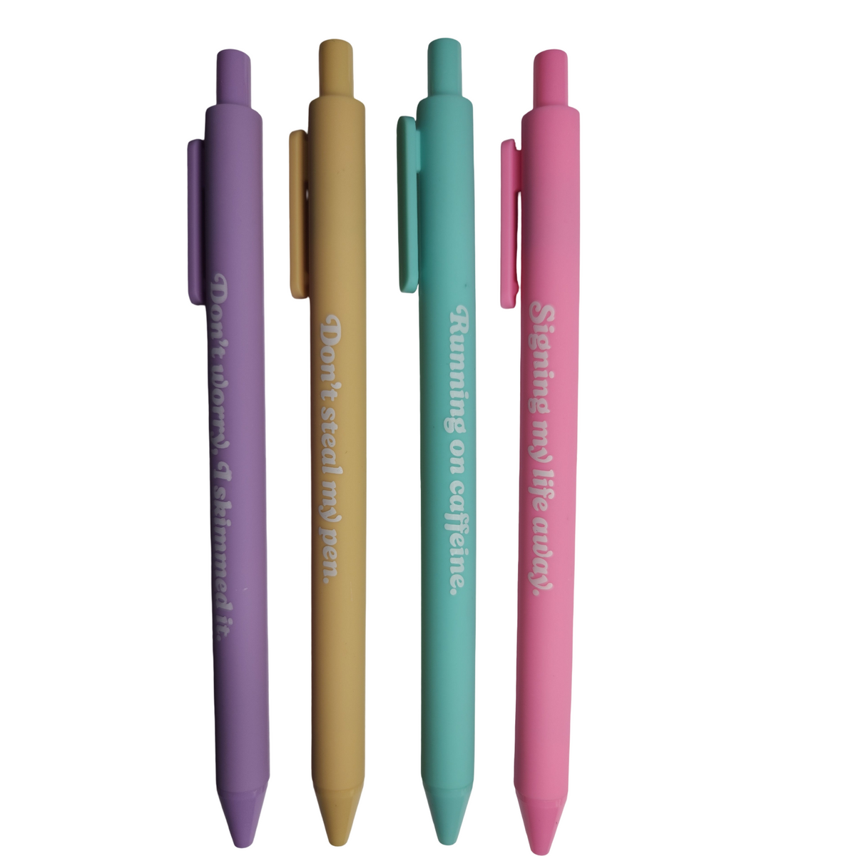 Four retractable message pens in purple, yellow, teal, pink arranged side by side on a white background.
