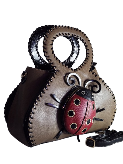 Taupe Diophy  ladybug satchel side view with detachable strap