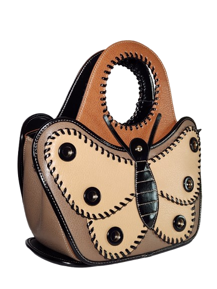 Butterfly-shaped handbag with brown and beige design .