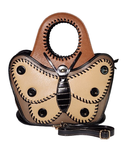 Butterfly-shaped handbag with brown and beige design.