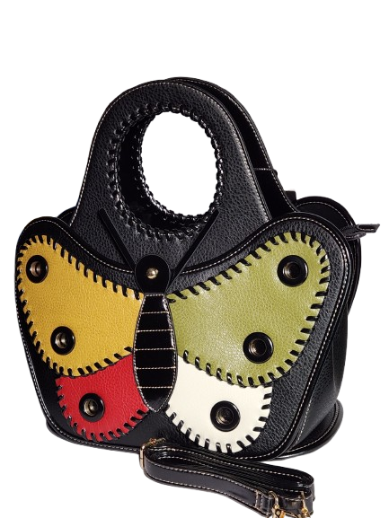 Multicolor butterfly satchel bag side view with detachable strap