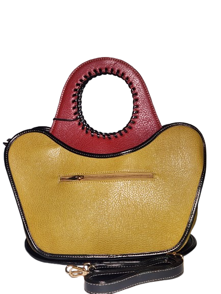 Handbag with red top handle and yellow body back view