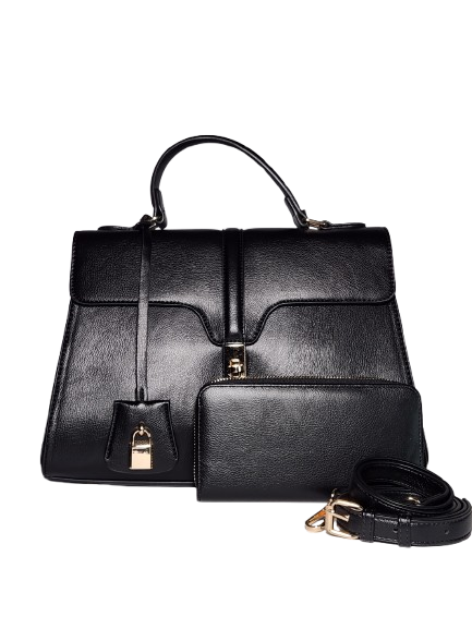 Black satchel bag with matching wallet and detachable strap