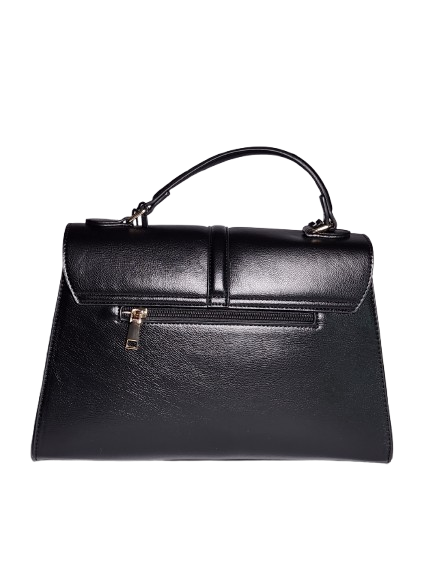 Black satchel bag back view with exterior zipper pocket