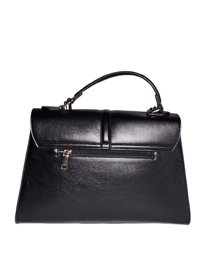 Black satchel bag back view with exterior zipper pocket