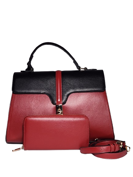 Red satchel bag with matching wallet and detachable strap