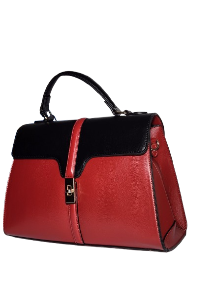 Red handbag with black top handle side view