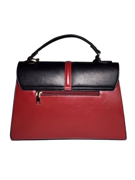 Black and red handbag with exterior zipper pocket